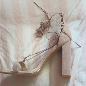 Beige Faux-Suede Chunky Heels